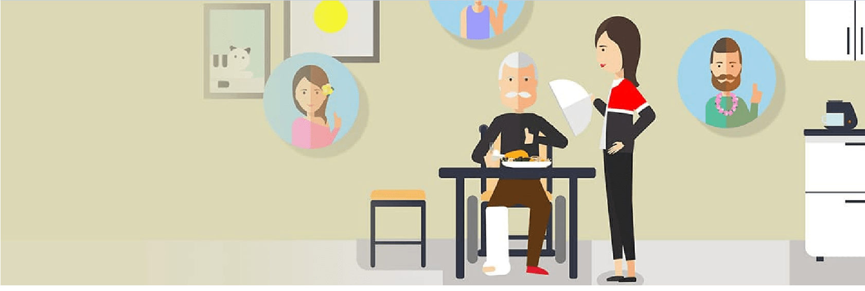 Älterer Mann mit Gips am Fuß bekommt von einer Frau Essen serviert