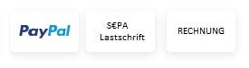 Zahlungsmethoden: PayPal, Sepa Lastschrift und Rechnung